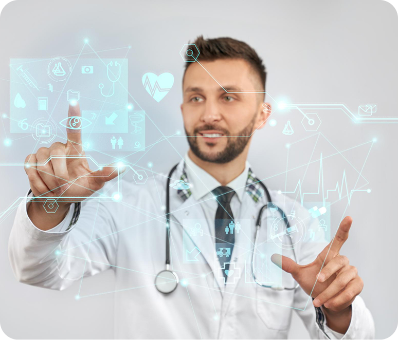 Doctor con bata blanca usando pantallas virtuales de salud y tecnología médica