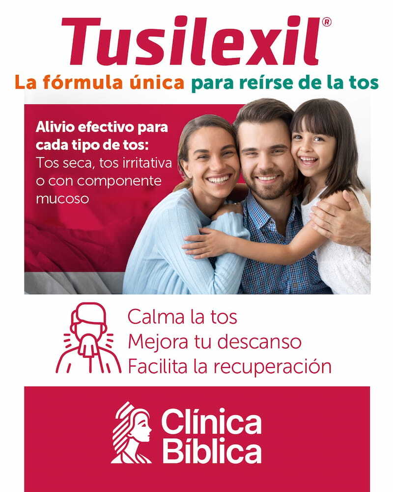 Publicidad de Tusilexil que muestra a una familia feliz abrazada. Incluye texto sobre el alivio efectivo para la tos seca e irritativa, un icono de una persona tosiendo y el logotipo de la Clinica Biblica en la parte inferior.