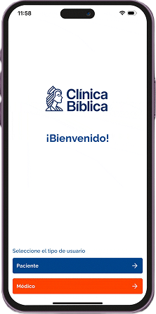 Pantalla de inicio de la aplicación móvil de la Clínica Bíblica con opciones para paciente o médico.