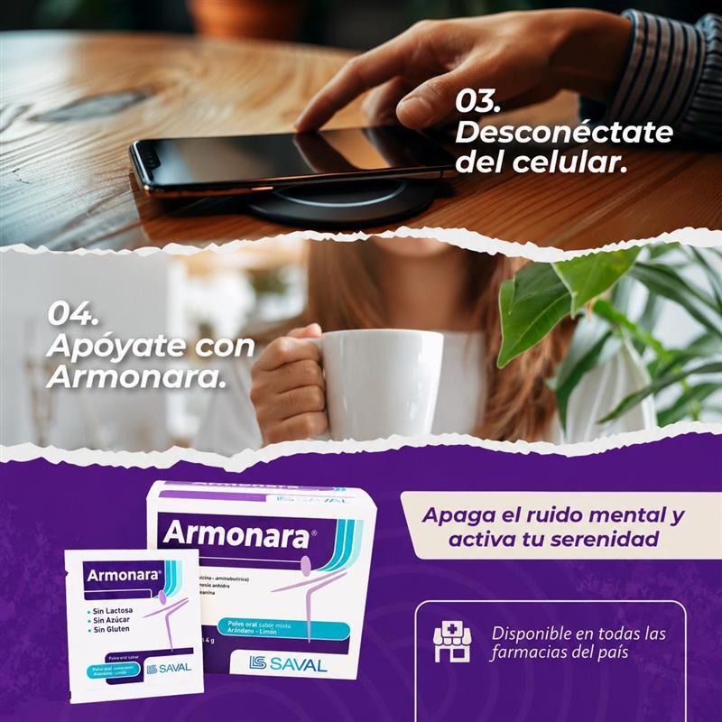 Infografía promocional de Armonara de Saval con consejos para el descanso como desconectarse del celular y tomar una bebida tibia. Muestra empaques del producto sabor arándano-limón y la frase Apaga el ruido mental y activa tu serenidad.