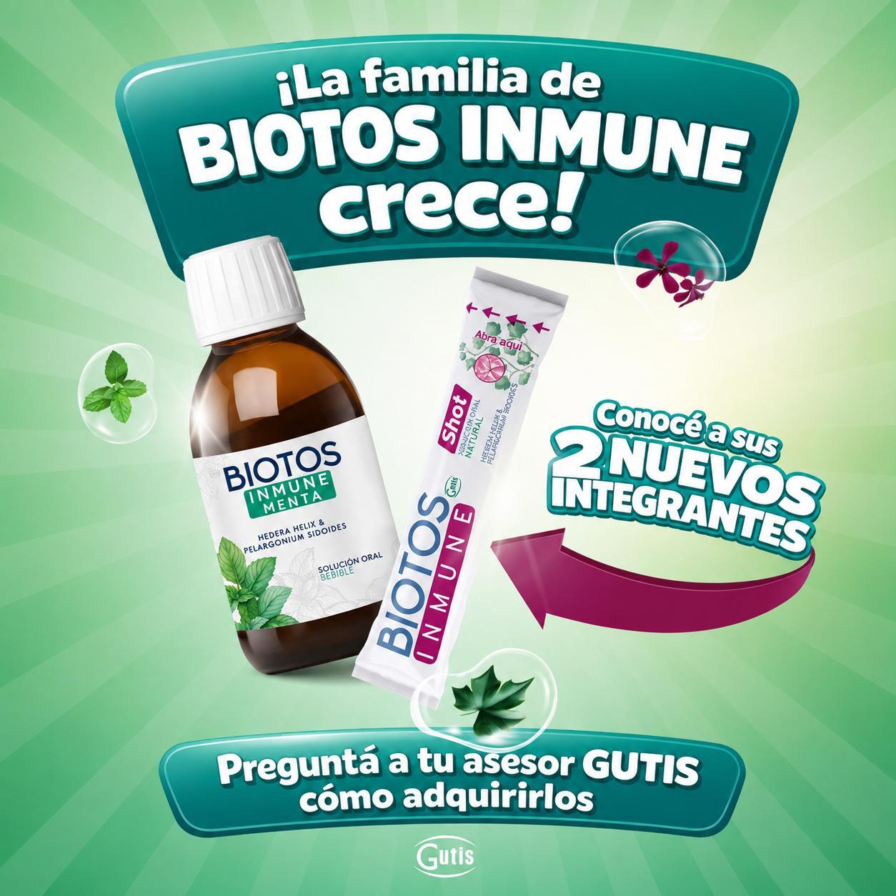 Anuncio promocional de la familia Biotos Inmune de Gutis presentando sus nuevos integrantes: frasco de solución oral Biotos Inmune Menta y sachet shot individual, acompañados de hojas de menta e ingredientes naturales sobre fondo verde.