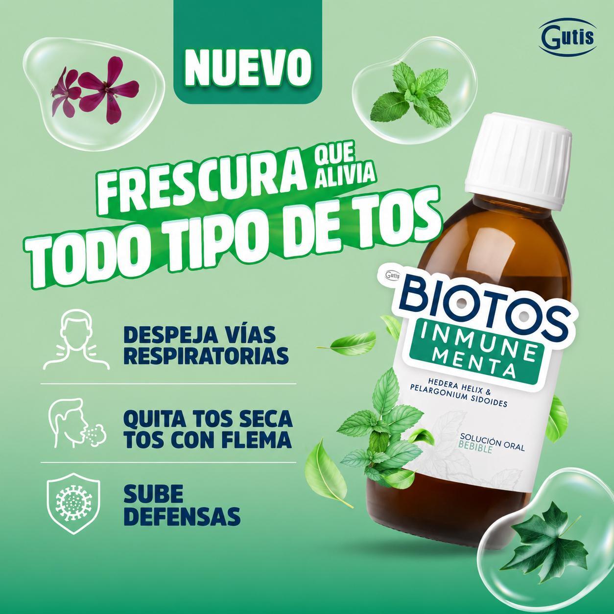 Frasco de Biotos Inmune Menta de Gutis, solución oral bebible para todo tipo de tos, seca y con flema. Anuncio promocional con texto Frescura que alivia todo tipo de tos, despeja vías respiratorias y sube defensas, con hojas de menta, hiedra y Pelargonium sidoides.