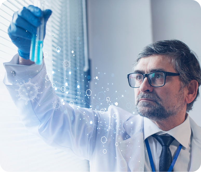Científico observando un tubo de ensayo con gráficos digitales de biotecnología