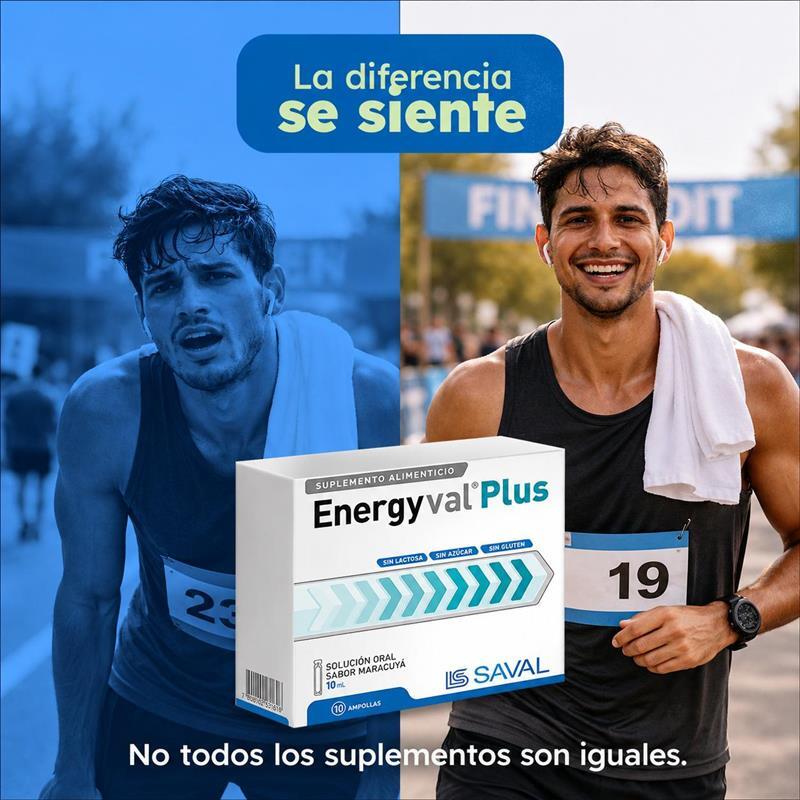 Foto de un corredor mostrando un antes y después, cansado a la izquierda y sonriente a la derecha, junto a una caja del suplemento Energyval Plus de Saval. Anuncio con los textos La diferencia se siente y No todos los suplementos son iguales.