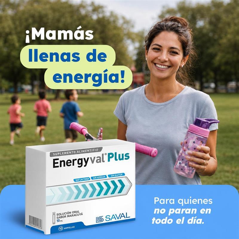 Foto de una madre sonriendo en un parque junto a una caja de suplemento alimenticio Energyval Plus de laboratorio Saval. Anuncio publicitario con la frase Mamás llenas de energía, para quienes no paran en todo el día.