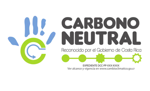 Logo oficial de Carbono Neutral reconocido por el Gobierno de Costa Rica, compuesto por el icono de una mano azul con una C verde en forma de flecha sobre fondo blanco.