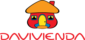 Logotipo de Davivienda con texto rojo y una casa amarilla y roja.