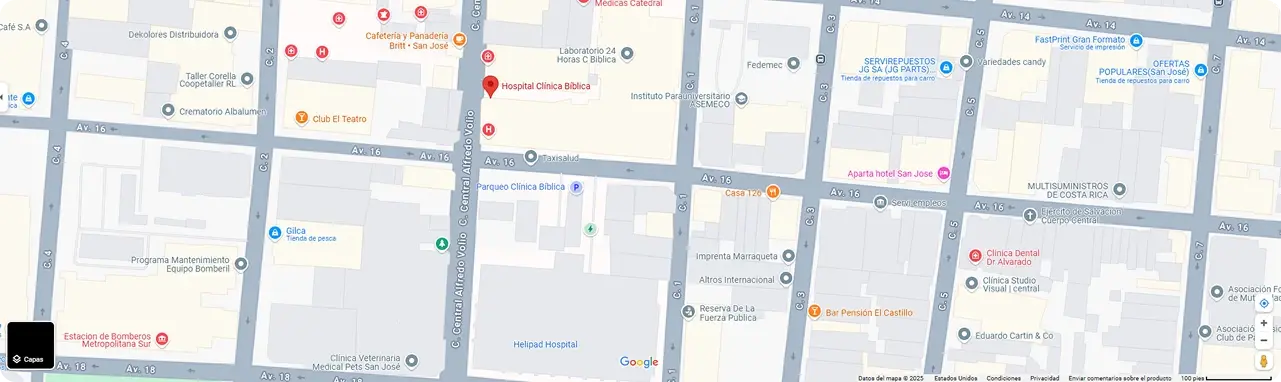Mapa de ubicación del Hospital Clínica Bíblica en San José, Costa Rica Mapa de ubicación del Hospital Clínica Bíblica en San José, Costa Rica