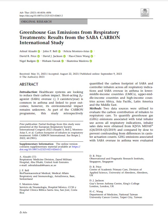 Greenhouse Gas Emissions from Respiratory Treatments: Results from the SABA CARBON International Study