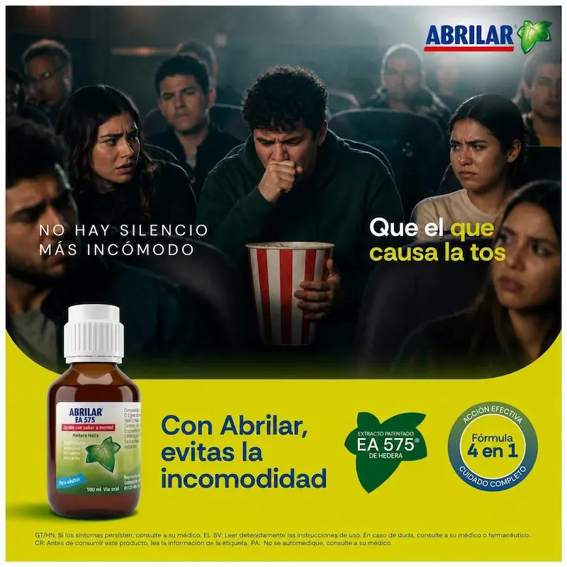 Publicidad de jarabe Abrilar EA 575. En la parte superior, un hombre tose en una sala de cine rodeado de personas con expresión de incomodidad. En la parte inferior destaca el frasco del producto sobre fondo amarillo con leyendas informativas sobre el alivio de la tos.