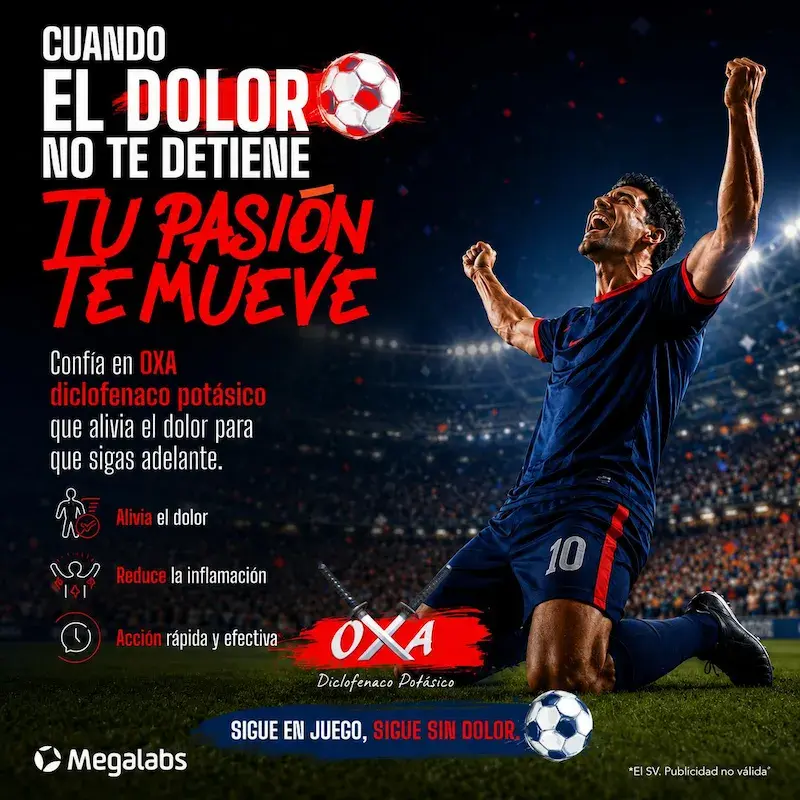 Publicidad de OXA diclofenaco potásico de Megalabs. Muestra a un futbolista con uniforme azul celebrando de rodillas en la cancha de un estadio con los brazos levantados. Incluye textos sobre el alivio del dolor y reducción de la inflamación.