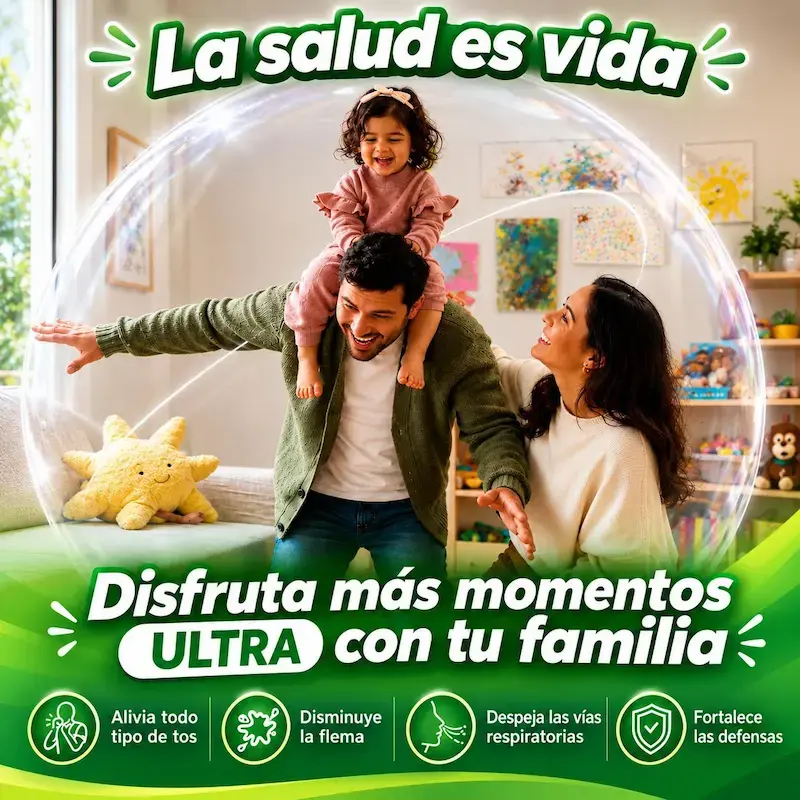 Publicidad sobre salud familiar que muestra a un padre con su hija en hombros y la madre sonriendo, todos dentro de una burbuja transparente protectora. Incluye textos promocionales sobre el alivio de la tos, disminución de flema y fortalecimiento de defensas.