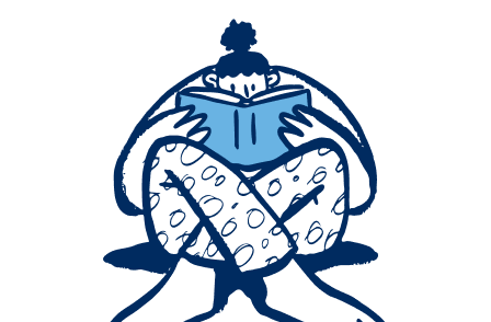 Ilustración artística de una persona sentada leyendo un libro en tonos azules.