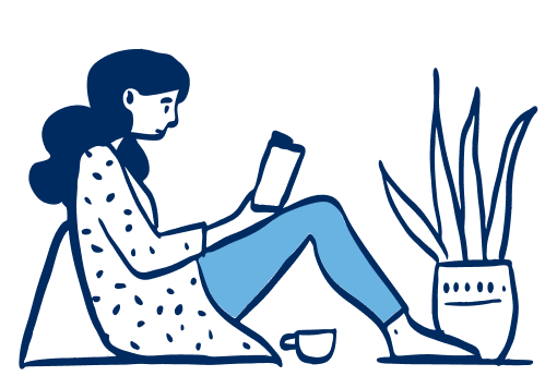Ilustración de mujer sentada leyendo un libro junto a una planta y una taza