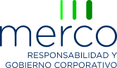 Logotipo de Merco Responsabilidad y Gobierno Corporativo con barras verdes sobre el texto azul.