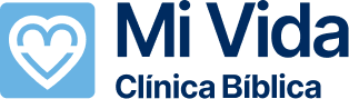 Logotipo del programa Mi Vida de la Clínica Bíblica con ícono de corazón azul dentro de un recuadro.