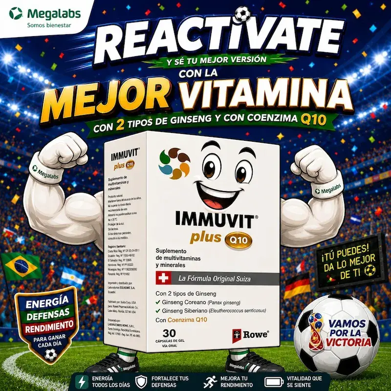 Publicidad de suplemento Immuvit Plus Q10 de Megalabs en un estadio de futbol. La caja del producto esta caracterizada como un personaje con brazos musculosos y sonrisa, acompañado por un balon de futbol y textos informativos sobre energia, defensas y rendimiento.
